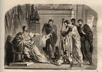 Gordianus I (158-238) kieltäytyi keisarillisesta arvokkuudesta - Gordianus I (Marcus Antonius Gordianus Sempronianus Romanus Africanus) kieltäytyi keisarillisesta arvokkuudesta - kaiverrus "Dictionnaire populaire illustrious" - 1864 - Joseph Decembre ja Ed