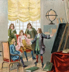 Gottfried Wilhelm Leibniz (1646-1716), saksalainen filosofi ja matemaatikko; osoittaa teoriansa differentiaalilaskelmasta. Kromolitografia, 1800-luvun loppu.