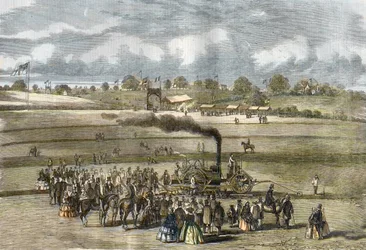 Iso-Britannia: Maatalous, kyntökohtaus. Boydell-höyryaura lähellä Louthia vuonna 1854. (höyryauraus Boydellin moottorilla lähellä Louthia).