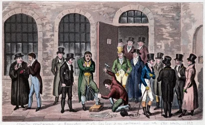 Ison-Britannian vankila: Lontoon Newgaten vankilaan (johon viitataan usein Charles Dickensin romaaneissa) on liitetty kuolemantuomio. Kaiverrus noin 1823. Koristetaiteen Bilbiotheque.