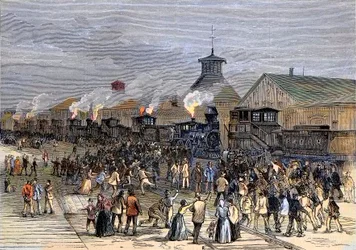 Suuri rautateiden lakko vuonna 1877, moottoreiden esto Martinsburgissa, Länsi-Virginiassa