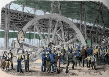 Greve du Creusot. Työntekijöiden sovittelu työpajoissa palkanmaksuhetkellä. 1800-luvulla.