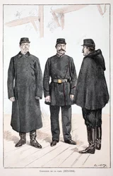 Rauhan vartijat (1873-1894). Etsaus väreillä, havainnollistava "" Rauhanturvaajien joukkojen historia"" -kirja, Louis Lepinen (1846-1933) Seinen poliisin prefektin suojeluksessa, Alfred Rey (1864-?) ja Louis Feron.