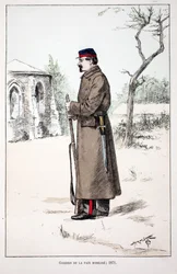 Guardians of the Peace mobilisoi (1871). Etsaus väreillä, havainnollistava "" Rauhanturvaajien joukkojen historia"" -kirja, Louis Lepinen (1846-1933) Seinen poliisin prefektin suojeluksessa, Alfred Rey (1864-?) ja Louis F.