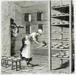 Haloir (tai kuivausrumpu) camembert-juuston valmistukseen - Louis Figuierin teoksessa "Teollisuuden ihmeet"
