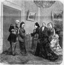 Kädessä Elisabeth de Mac Mahonin (1834-1900) ja itävaltalaisen impress Elisabeth de Wittelsbachin (1837-1898) (Sissi) välillä Ranskan tasavallan presidentin Patrice de Mac-Mahonin (1808-1893) Itävallan vierailun aikana. 1875. Kaiverrus "Universumi