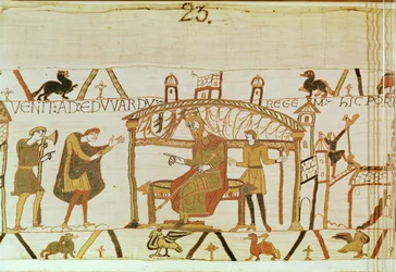 Harold tulee kuningas Edwardin edelle, Bayeux Tapestry (villakirjonta pellavalle)