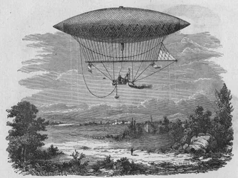 Henry Giffard testaa 44 metriä pitkää höyryaerostaattia. Julkaisussa "Album of Science", Editions Jouvet