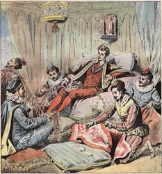 Henrik III (1551 - 1589) ja hänen söpöläiset. Kuningas (Henry III; 1551 - 1589) istuu takana; hänellä on jaloissa Quelus- ja Maugiron-punos nauhoja; Schomberg tekee kuvakudoksen... O:sta ja Epernon katsoo ulos aukoista, lopulta Chicot istuu yhdelle ovimieh