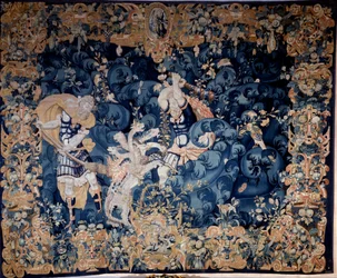 Herkules ampuu alas Lernan Hydraa, joka polttaa palvelijaansa Iolausta Tapestry villaa ja silkkiä, nimetön, 1500-luvun lopulla. Katso, renessanssin kansallismuseo.