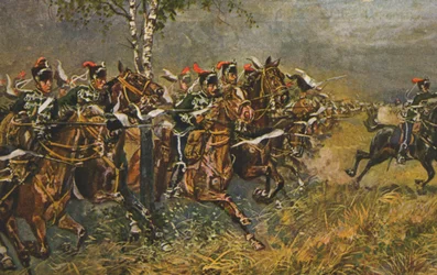 Historiallinen postikortti sotaaiheella, hyökkäys Preussin joukkoja vastaan, Saksa