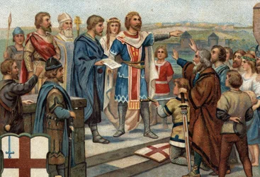 Historiallisia jaksoja kuuluisista kaupungeista: Alfred Suuri (849-899) palauttaa Lontoon entisille asukkailleen (886), "Alfredin ja Guthrumin rauha" merkitsi anglosaksien voittoa tanskalaisia (= viikingejä) vastaan. 1800-luvun kromolitografia.