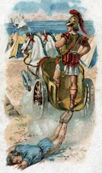 Kertomus Troijan sodan legendaarisen sankarin Akhilleuksen elämästä: Akhilleus raahaa Hektorin ruumista vaunujensa perässä. Kromolitografia vuodelta 1890.
