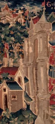 Saint Piatin ja Saint Eleuthèren historia, kohtaus 14: Rutto tuhoaa Tournain kaupungin. Yksityiskohta.