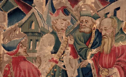 Saint Piatin ja Saint Eleuthèren historia, kohtaus 14: Rutto tuhoaa Tournain kaupungin. Yksityiskohta.