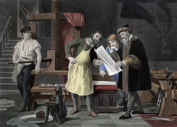 Painamisen historia: Johannes Gensfleisch Gutenbergin (1400-1468) painostaman Raamatun ensimmäinen koe, edustettuna Johann Fust (1400-1466) - 1453 Ensimmäinen vedoslehti Gutenbergin painosta
