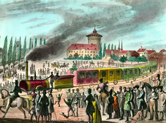 Julkisen liikenteen historia: rautatie Pariisin ja Versaillesin välillä. Kaiverrus 1800-luvulta. Yksityinen kokoelma