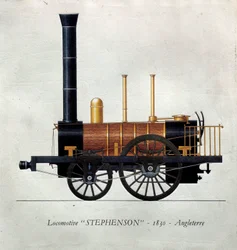 Kuljetuksen historia: lauta, joka edustaa Englannissa valmistettua veturia "Stephenson".
