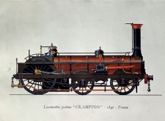 Kuljetuksen historia: veturimalli, Crampton-järjestelmä nimetty Thomas Russell Cramptonin (1816-1888), brittiläisen insinöörin mukaan: hän loi nopean veturin. Kaiverrus vuodelta 1849 Pariisi, koristetaide