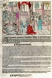 Sairaala 1500-luvulla: Hemmotuskirje (Oikealla: sairaalakohtaus. Agauche: kuolee ja kuolee). Kaiverrus 1500-luvulta. Yksityinen kokoelma.