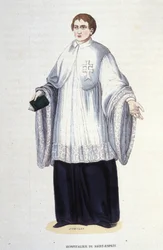 Henry III:n vuonna 1578 perustaman sotilaallisen ja uskonnollisen Pyhän Hengen veljeskunnan sairaalanhoitaja. Kaiverrus 1800-luvulta. Private Coll., Milano.