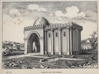 Housing Persians - kaiverrus vuodelta 1889 Charles GARNIERin julkaisussa "Ihmisasumisen historia vuoden 1889 yleisnäyttelyssä - Librairie centrale des beaux-arts Paris 1889"