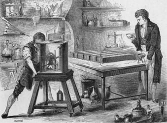 Humphry Davy hajottaa alkalit voltaic-akulla. Julkaisussa "Album de la Science", Editions Jouvet