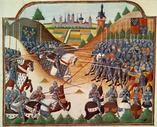 Satavuotinen sota: Formignyn (Calvados) taistelu 15.4.1450 Thomas Kyriellin ja Jean de Clermontin englantilaisen armeijan välillä. Miniatyyri, joka on valaistu käsikirjoituksesta "" Vigiles du roi Charles VII"" Jean Chartier
