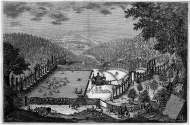 Metsästys Saksassa 1700-luvulla: hirvenmetsästys Leonbergin lähellä vuonna 1748. (Valokuvasta). Kaiverrus "" La Nature: revue des sciences et de leurs applications aux arts et a l