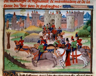 Metsästyskohtaus. Miniatyyri Loyset Liedetin käsikirjoituksesta "Renaud de Montauban" tai "Les quatre fils Aymon" (toimii vuosina 1448-1478). Ms. 5073. 1400-luvun Bibliotheque de l