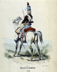 Hussar de Chamborant 1793 hevosen selässä.