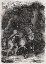 Rodomontin pidättämä Hypalca - Kaiverrus "" Furious Roland"" (Orlando furioso) (1500-luku) Ludovico Ariostosta, tunnetaan nimellä Ariosto - Tressanin kreivi italiasta kääntämä painos ja kustantaja Gustave Harvard 1851