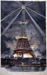Eiffel-tornin valaistus vuoden 1889 maailmannäyttelyn aikana.
