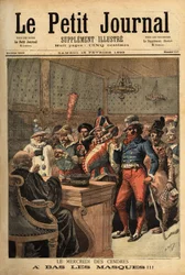 Kuvitus tuhkakeskiviikkoon, Mardi Gras -karnevaalin jälkeen, juhlapuvut kulkevat tuomarin edessä paljastamaan itsensä. Kaiverrus "" Le petit Journal" -lehdessä 18.2.1893. Selvan kokoelma.