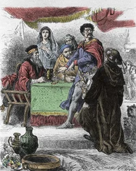 Kuvitus Walter Scottin (1771-1832), skotlantilaisen kirjailijan "Ivanhoelle": Saksiritari Brian de Bois Guilbert haastaa Ivanhoen.