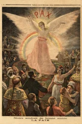 Kuvitus vuoden 1894 uudenvuodentervehdykseen, rauhaa kaikille kansakunnille. Kaiverrus Le Petit Journal -lehdessä, 1/01/1894. Selvan kokoelma.