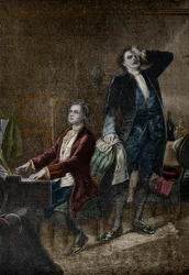Kuvitus Aleksanteri Pushkinin draamasta "" Mozart ja Salieri"", Kirjoitettu vuonna 1830 - Wolfgang Amadeus Mozartin Antonio Salieri kateellinen