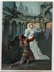 Italialaisen säveltäjän Giuseppe Verdin (1813 - 1901) kuvitus "" Ernani" -ooppera, näytös 2, kohtaus IV, luotu vuonna 1844 Victor Hugon tragedian "" Hernani" jälkeen. 1800-luvun lopun kromolitografia.