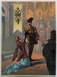 Italialaisen säveltäjän Giuseppe Verdin (1813 - 1901) kuvitus "" Ernani" -ooppera, näytös 4, kohtaus IV, luotu vuonna 1844 Victor Hugon tragedian "" Hernani" jälkeen. 1800-luvun lopun kromolitografia.