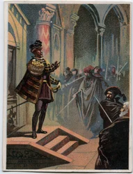 Kuva italialaisen säveltäjän Giuseppe Verdin (1813 - 1901) kappaleesta "Ernani", näytös 4, kohtaus I, ooppera luotiin vuonna 1844 Victor Hugon tragedian "" Hernani" jälkeen. 1800-luvun lopun kromolitografia.