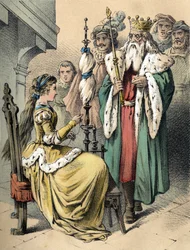 Kuva Franz Hoffmannin tarinoista "" Tales et Fables - Weifsh¿ndchen und Breitf¿fschen". 1800-luvun kromolitografia.