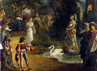 Kuvitus saksalaisen säveltäjän Richard Wagnerin (1813-1883) oopperasta "Lohengrin". Kromolitografia