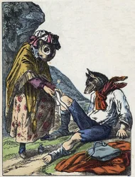 Kuvitus tarinasta "Hyvä äitilammas". "" Tarinoita kodista pienimmille"". Anonyymi kaiverrus 1800-luvulta.