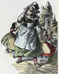 Kuvitus tarinasta "Hyvä äitilammas". "" Tarinoita kodista pienimmille"". Anonyymi kaiverrus 1800-luvulta.