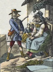Kuvitus tarinasta "Hyvä äitilammas". "" Tarinoita kodista pienimmille"". Anonyymi kaiverrus 1800-luvulta.