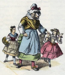 Kuvitus tarinasta "Hyvä äitilammas". "" Tarinoita kodista pienimmille"". Anonyymi kaiverrus 1800-luvulta.