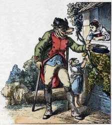 Kuvitus tarinasta "Hyvä äitilammas". "" Tarinoita kodista pienimmille"". Anonyymi kaiverrus 1800-luvulta.