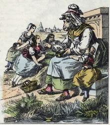 Kuvitus tarinasta "Hyvä äitilammas". "" Tarinoita kodista pienimmille"". Anonyymi kaiverrus 1800-luvulta.