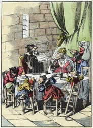 Kuvitus tarinasta "Kauhea Raminagrobis ja hiiret"" -hahmo piirtää Jean de la Fontainen tarinoita. "" Tarinoita kodista pienimmille"". Anonyymi kaiverrus 1800-luvulta.