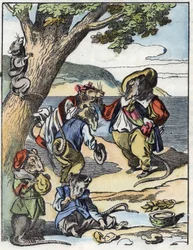 Kuvitus tarinasta "Kauhea Raminagrobis ja hiiret"" -hahmo piirtää Jean de la Fontainen tarinoita. "" Tarinoita kodista pienimmille"". Anonyymi kaiverrus 1800-luvulta.